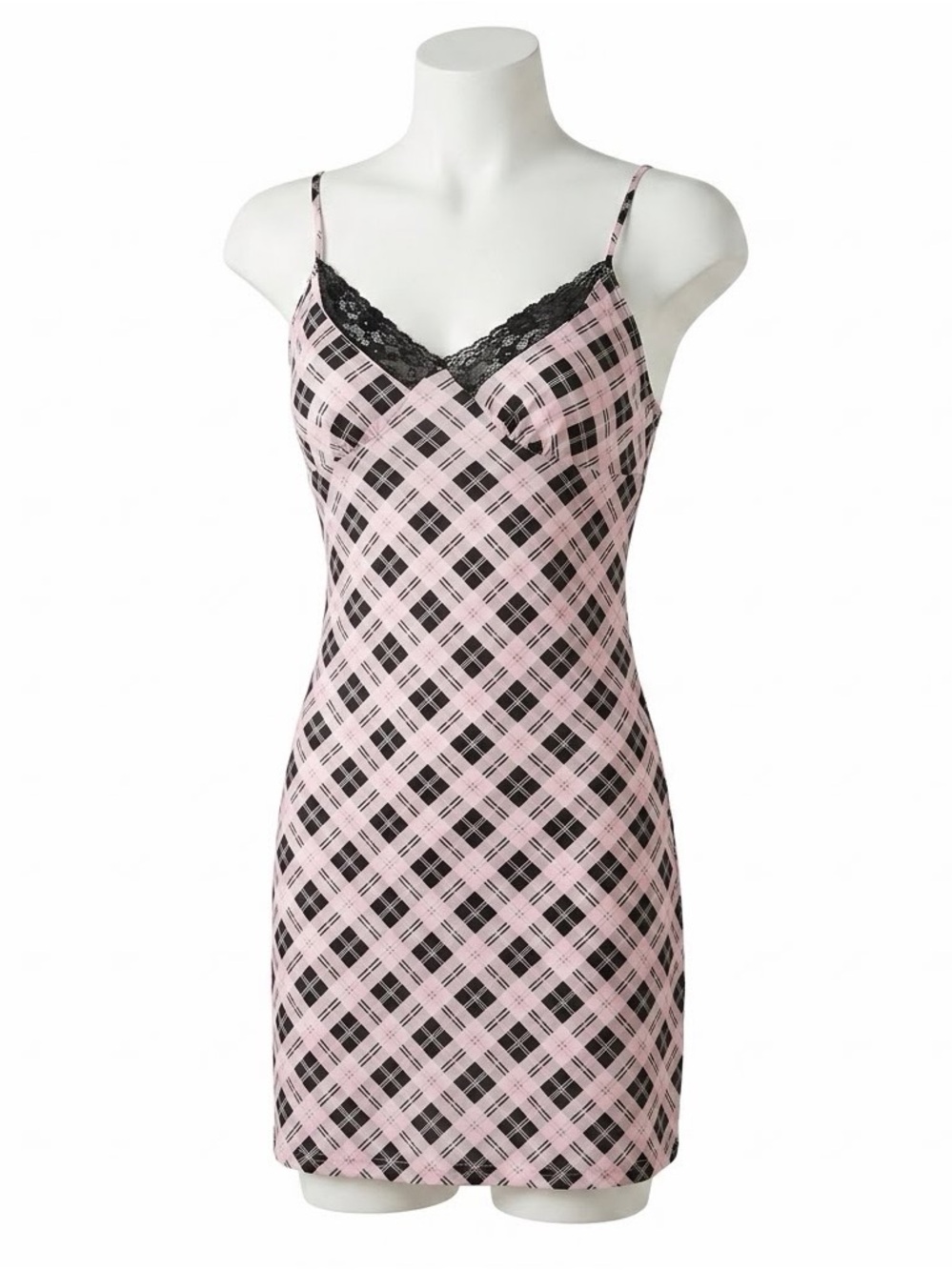 Apt. 9 black & pink argyle slip dress lace trim, size M